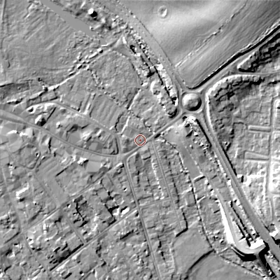 Shaded relief map of the ground around GL72PU, computed from Environment Agency LiDAR. The ground here sits at about 108 m above sea level and falls 17 m across the surrounding 800 m. Surface water reaching this point runs off ground lying to the north-north-east, 6.0 m higher.