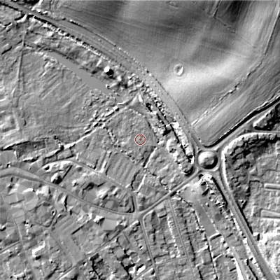 Shaded relief map of the ground around GL72PX, computed from Environment Agency LiDAR. The ground here sits at about 108 m above sea level and falls 22 m across the surrounding 800 m. Surface water reaching this point runs off ground lying to the south-south-west, 0.6 m higher.