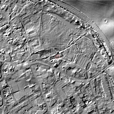 Shaded relief map of the ground around GL72PZ, computed from Environment Agency LiDAR. The ground here sits at about 110 m above sea level and falls 15 m across the surrounding 800 m. Surface water reaching this point runs off ground lying to the west-north-west, 2.9 m higher.