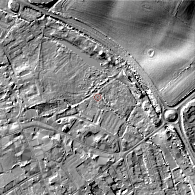 Shaded relief map of the ground around GL72QE, computed from Environment Agency LiDAR. The ground here sits at about 108 m above sea level and falls 22 m across the surrounding 800 m. Surface water reaching this point runs off ground lying to the west, 4.0 m higher.