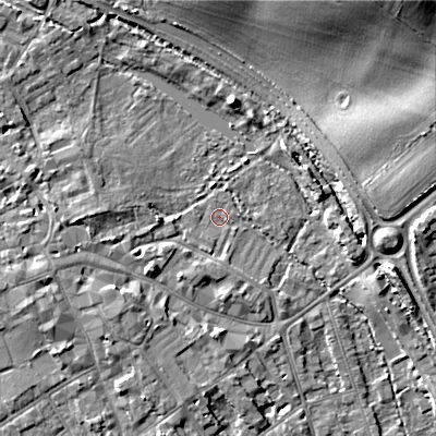 Shaded relief map of the ground around GL72QF, computed from Environment Agency LiDAR. The ground here sits at about 109 m above sea level and falls 20 m across the surrounding 800 m. Surface water reaching this point runs off ground lying to the south-south-west, 1.1 m higher.
