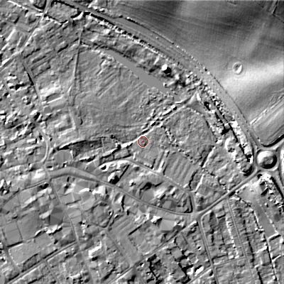 Shaded relief map of the ground around GL72QG, computed from Environment Agency LiDAR. The ground here sits at about 109 m above sea level and falls 20 m across the surrounding 800 m. Surface water reaching this point runs off ground lying to the west, 3.8 m higher.