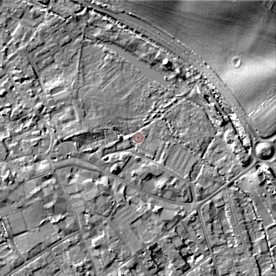 Shaded relief map of the ground around GL72QQ, computed from Environment Agency LiDAR. The ground here sits at about 109 m above sea level and falls 19 m across the surrounding 800 m. Surface water reaching this point runs off ground lying to the west, 3.7 m higher.