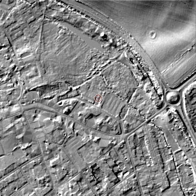 Shaded relief map of the ground around GL72QR, computed from Environment Agency LiDAR. The ground here sits at about 109 m above sea level and falls 17 m across the surrounding 800 m. Surface water reaching this point runs off ground lying to the south, 1.3 m higher.