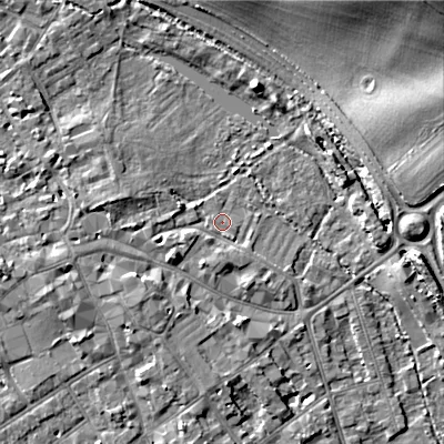Shaded relief map of the ground around GL72QS, computed from Environment Agency LiDAR. The ground here sits at about 109 m above sea level and falls 17 m across the surrounding 800 m. Surface water reaching this point runs off ground lying to the south-west, 3.4 m higher.