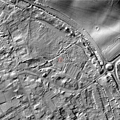 Shaded relief map of the ground around GL72QT, computed from Environment Agency LiDAR. The ground here sits at about 109 m above sea level and falls 20 m across the surrounding 800 m. Surface water reaching this point runs off ground lying to the south-west, 3.5 m higher.