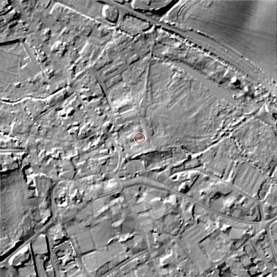 Shaded relief map of the ground around GL72QU, computed from Environment Agency LiDAR. The ground here sits at about 111 m above sea level and falls 14 m across the surrounding 800 m. Surface water reaching this point runs off ground lying to the south, 1.4 m higher.