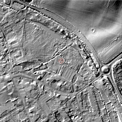 Shaded relief map of the ground around GL72QX, computed from Environment Agency LiDAR. The ground here sits at about 108 m above sea level and falls 21 m across the surrounding 800 m. Surface water reaching this point runs off ground lying to the west, 4.0 m higher.