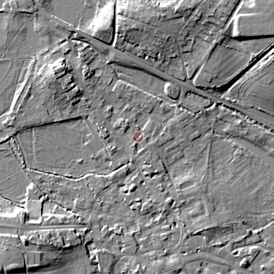 Shaded relief map of the ground around GL72SA, computed from Environment Agency LiDAR. The ground here sits at about 110 m above sea level and falls 17 m across the surrounding 800 m. Surface water reaching this point runs off ground lying to the north-west, 5.6 m higher.
