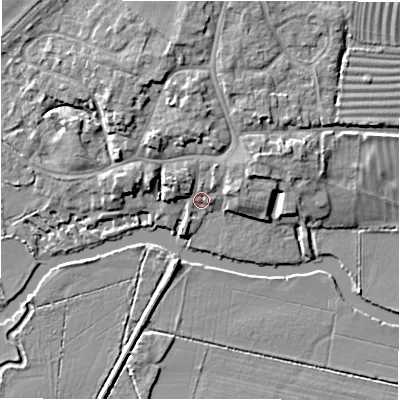 Shaded relief map of the ground around GL73AG, computed from Environment Agency LiDAR. The ground here sits at about 73 m above sea level and falls 7 m across the surrounding 800 m. Surface water reaching this point runs off ground lying to the north-north-east, 3.5 m higher.