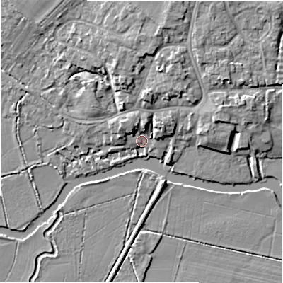 Shaded relief map of the ground around GL73AL, computed from Environment Agency LiDAR. The ground here sits at about 73 m above sea level and falls 7 m across the surrounding 800 m. Surface water reaching this point runs off ground lying to the north, 5.7 m higher.