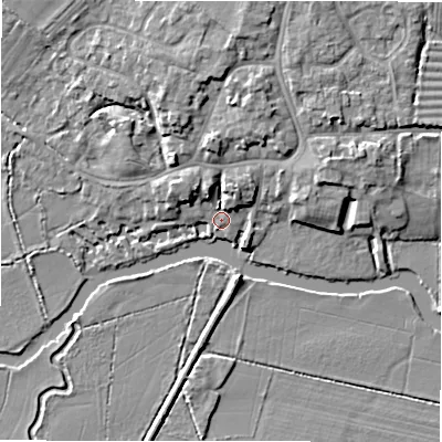 Shaded relief map of the ground around GL73AQ, computed from Environment Agency LiDAR. The ground here sits at about 73 m above sea level and falls 7 m across the surrounding 800 m. Surface water reaching this point runs off ground lying to the north, 6.0 m higher.