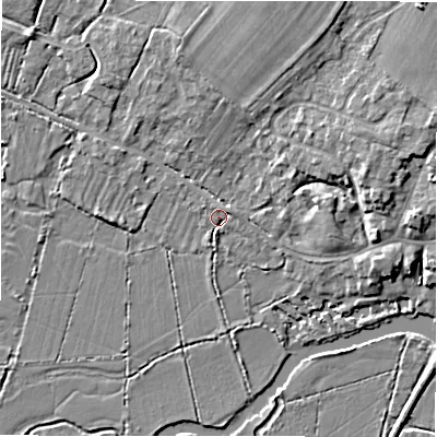 Shaded relief map of the ground around GL73DL, computed from Environment Agency LiDAR. The ground here sits at about 73 m above sea level and falls 7 m across the surrounding 800 m. Surface water reaching this point runs off ground lying to the east-north-east, 1.7 m higher.