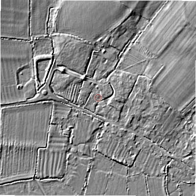 Shaded relief map of the ground around GL73DN, computed from Environment Agency LiDAR. The ground here sits at about 73 m above sea level and falls 6 m across the surrounding 800 m. Surface water reaching this point runs off ground lying to the north-east, 5.7 m higher.