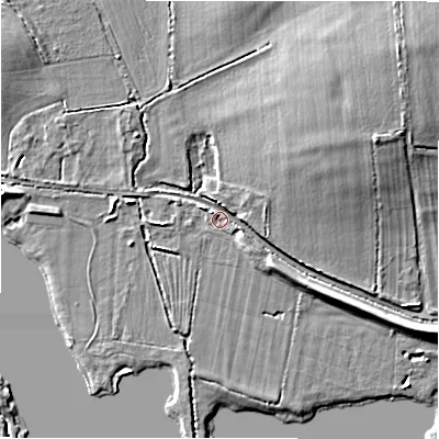 Shaded relief map of the ground around GL73DR, computed from Environment Agency LiDAR. The ground here sits at about 75 m above sea level and falls 8 m across the surrounding 800 m. Surface water reaching this point runs off ground lying to the north-east, 6.4 m higher.