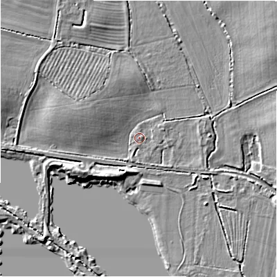 Shaded relief map of the ground around GL73DS, computed from Environment Agency LiDAR. The ground here sits at about 76 m above sea level and falls 6 m across the surrounding 800 m. Surface water reaching this point runs off ground lying to the east-north-east, 0.6 m higher.
