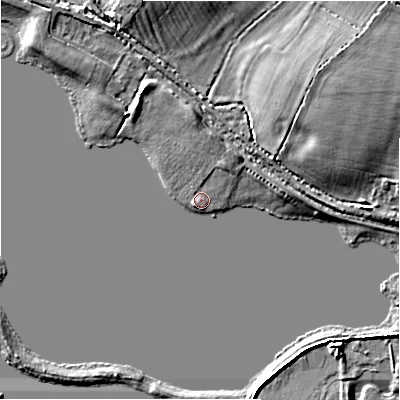 Shaded relief map of the ground around GL73DT, computed from Environment Agency LiDAR. The ground here sits at about 76 m above sea level and falls 6 m across the surrounding 800 m. Surface water reaching this point runs off ground lying to the north-east, 2.7 m higher.