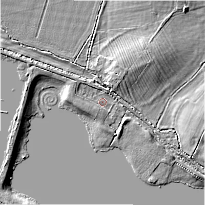 Shaded relief map of the ground around GL73DU, computed from Environment Agency LiDAR. The ground here sits at about 77 m above sea level and falls 6 m across the surrounding 800 m. Surface water reaching this point runs off ground lying to the north-north-east, 1.9 m higher.
