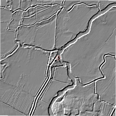 Shaded relief map of the ground around GL73EE, computed from Environment Agency LiDAR. The ground here sits at about 72 m above sea level and falls 5 m across the surrounding 800 m. Surface water reaching this point runs off ground lying to the south, 5.0 m higher.