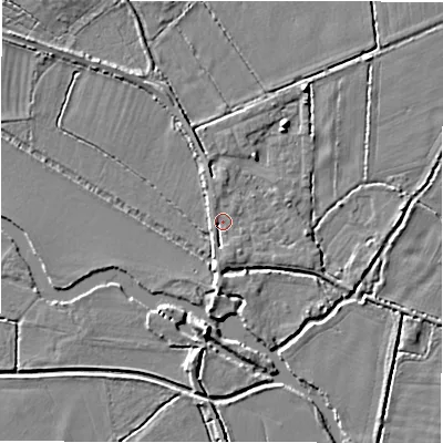 Shaded relief map of the ground around GL73EY, computed from Environment Agency LiDAR. The ground here sits at about 72 m above sea level and falls 5 m across the surrounding 800 m. Surface water reaching this point runs off ground lying to the east, 1.7 m higher.