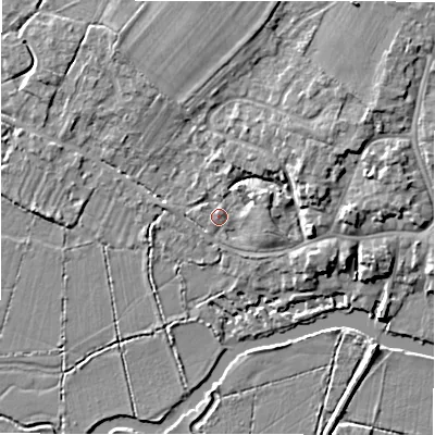 Shaded relief map of the ground around GL73FA, computed from Environment Agency LiDAR. The ground here sits at about 73 m above sea level and falls 7 m across the surrounding 800 m. Surface water reaching this point runs off ground lying to the east-north-east, 3.7 m higher.