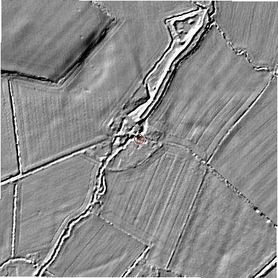 Shaded relief map of the ground around GL73FD, computed from Environment Agency LiDAR. The ground here sits at about 73 m above sea level and falls 6 m across the surrounding 800 m. Surface water reaching this point runs off ground lying to the north, 2.5 m higher.