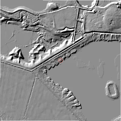 Shaded relief map of the ground around GL73FH, computed from Environment Agency LiDAR. The ground here sits at about 75 m above sea level and falls 9 m across the surrounding 800 m. Surface water reaching this point runs off ground lying to the west, 3.8 m higher.