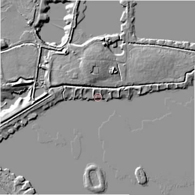 Shaded relief map of the ground around GL73FJ, computed from Environment Agency LiDAR. The ground here sits at about 74 m above sea level and falls 9 m across the surrounding 800 m. Surface water reaching this point runs off ground lying to the west, 5.7 m higher.