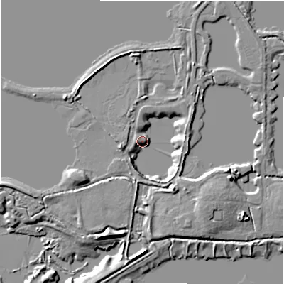 Shaded relief map of the ground around GL73FU, computed from Environment Agency LiDAR. The ground here sits at about 76 m above sea level and falls 9 m across the surrounding 800 m. Surface water reaching this point runs off ground lying to the south-south-east, 7.3 m higher.