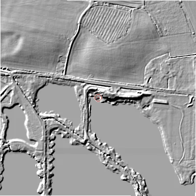 Shaded relief map of the ground around GL73FX, computed from Environment Agency LiDAR. The ground here sits at about 75 m above sea level and falls 6 m across the surrounding 800 m. Surface water reaching this point runs off ground lying to the north-west, 6.3 m higher.