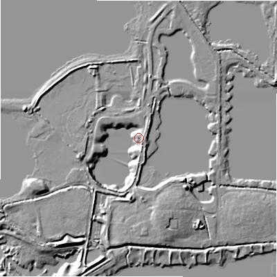 Shaded relief map of the ground around GL73FZ, computed from Environment Agency LiDAR. The ground here sits at about 76 m above sea level and falls 9 m across the surrounding 800 m. Surface water reaching this point runs off ground lying to the south, 7.3 m higher.