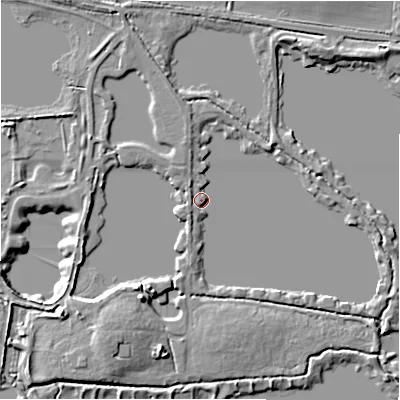 Shaded relief map of the ground around GL73GB, computed from Environment Agency LiDAR. The ground here sits at about 75 m above sea level and falls 7 m across the surrounding 800 m. Surface water reaching this point runs off ground lying to the south-south-west, 2.4 m higher.