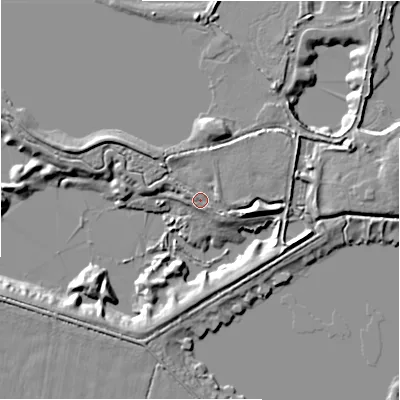 Shaded relief map of the ground around GL73GD, computed from Environment Agency LiDAR. The ground here sits at about 75 m above sea level and falls 9 m across the surrounding 800 m. Surface water reaching this point runs off ground lying to the west-north-west, 3.4 m higher.