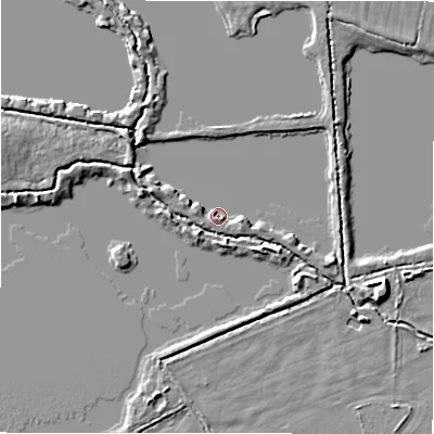 Shaded relief map of the ground around GL73GE, computed from Environment Agency LiDAR. The ground here sits at about 74 m above sea level and falls 5 m across the surrounding 800 m. Surface water reaching this point runs off ground lying to the east, 1.9 m higher.