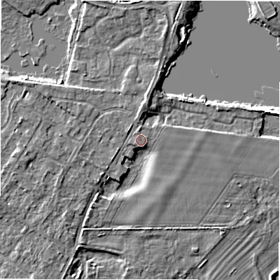 Shaded relief map of the ground around GL73GG, computed from Environment Agency LiDAR. The ground here sits at about 78 m above sea level and falls 5 m across the surrounding 800 m. Surface water reaching this point runs off ground lying to the north, 3.5 m higher.