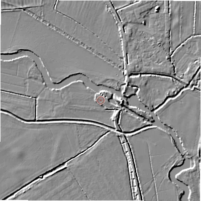 Shaded relief map of the ground around GL73HA, computed from Environment Agency LiDAR. The ground here sits at about 72 m above sea level and falls 5 m across the surrounding 800 m. Surface water reaching this point runs off ground lying to the north-west, 1.4 m higher.