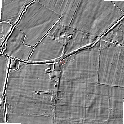 Shaded relief map of the ground around GL73HB, computed from Environment Agency LiDAR. The ground here sits at about 72 m above sea level and falls 4 m across the surrounding 800 m. Surface water reaching this point runs off ground lying to the west, 0.8 m higher.