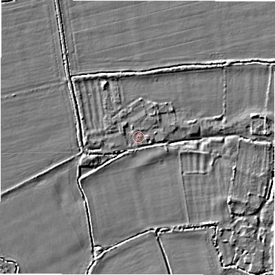 Shaded relief map of the ground around GL73HD, computed from Environment Agency LiDAR. The ground here sits at about 71 m above sea level and falls 3 m across the surrounding 800 m. Surface water reaching this point runs off ground lying to the north-north-west, 1.0 m higher.