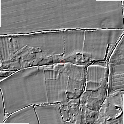 Shaded relief map of the ground around GL73HE, computed from Environment Agency LiDAR. The ground here sits at about 70 m above sea level and falls 4 m across the surrounding 800 m. Surface water reaching this point runs off ground lying to the west, 2.3 m higher.