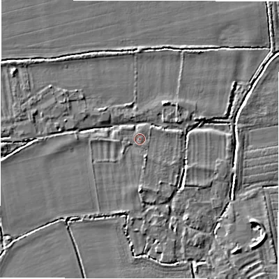 Shaded relief map of the ground around GL73HF, computed from Environment Agency LiDAR. The ground here sits at about 71 m above sea level and falls 4 m across the surrounding 800 m. Surface water reaching this point runs off ground lying to the south-south-east, 1.2 m higher.