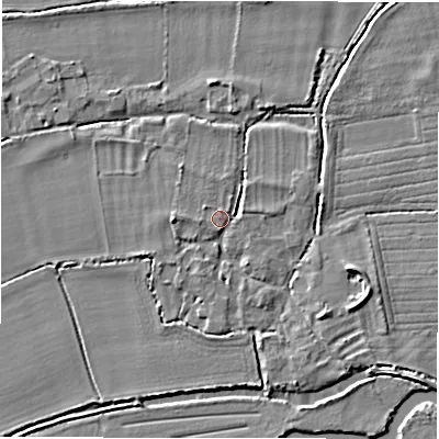 Shaded relief map of the ground around GL73HG, computed from Environment Agency LiDAR. The ground here sits at about 71 m above sea level and falls 4 m across the surrounding 800 m. Surface water reaching this point runs off ground lying to the west, 2.7 m higher.