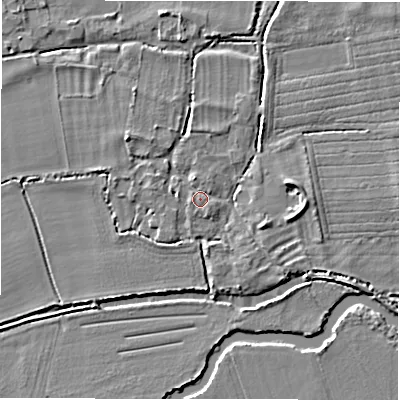 Shaded relief map of the ground around GL73HH, computed from Environment Agency LiDAR. The ground here sits at about 70 m above sea level and falls 4 m across the surrounding 800 m. Surface water reaching this point runs off ground lying to the north-west, 2.8 m higher.