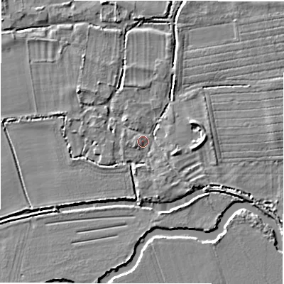 Shaded relief map of the ground around GL73HJ, computed from Environment Agency LiDAR. The ground here sits at about 70 m above sea level and falls 4 m across the surrounding 800 m. Surface water reaching this point runs off ground lying to the west, 1.8 m higher.