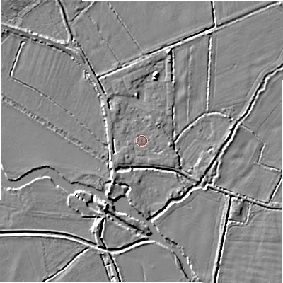 Shaded relief map of the ground around GL73HP, computed from Environment Agency LiDAR. The ground here sits at about 72 m above sea level and falls 5 m across the surrounding 800 m. Surface water reaching this point runs off ground lying to the east, 1.7 m higher.