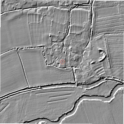 Shaded relief map of the ground around GL73HQ, computed from Environment Agency LiDAR. The ground here sits at about 70 m above sea level and falls 4 m across the surrounding 800 m. Surface water reaching this point runs off ground lying to the south-south-east, 1.1 m higher.
