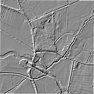 Shaded relief map of the ground around GL73HR, computed from Environment Agency LiDAR. The ground here sits at about 72 m above sea level and falls 5 m across the surrounding 800 m. Surface water reaching this point runs off ground lying to the east-north-east, 1.0 m higher.