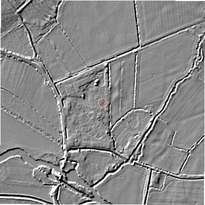 Shaded relief map of the ground around GL73HS, computed from Environment Agency LiDAR. The ground here sits at about 72 m above sea level and falls 5 m across the surrounding 800 m. Surface water reaching this point runs off ground lying to the north-north-west, 3.2 m higher.