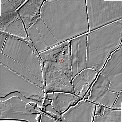Shaded relief map of the ground around GL73HT, computed from Environment Agency LiDAR. The ground here sits at about 72 m above sea level and falls 5 m across the surrounding 800 m. Surface water reaching this point runs off ground lying to the north-north-east, 3.1 m higher.
