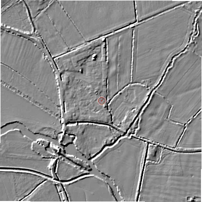 Shaded relief map of the ground around GL73HW, computed from Environment Agency LiDAR. The ground here sits at about 72 m above sea level and falls 5 m across the surrounding 800 m. Surface water reaching this point runs off ground lying to the east, 2.5 m higher.