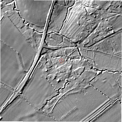 Shaded relief map of the ground around GL73JH, computed from Environment Agency LiDAR. The ground here sits at about 83 m above sea level and falls 8 m across the surrounding 800 m. Surface water reaching this point runs off ground lying to the south, 1.4 m higher.